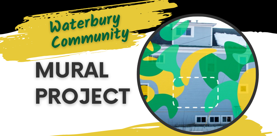 "Waterbury Community Mural Project" text next to a mock-up of a mural painted on the backside of the Stowe Street Cafe building in Waterbury, VT